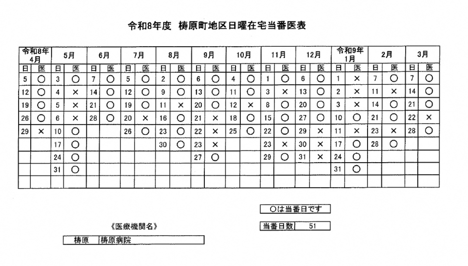 令和8年度梼原町地区日曜在宅当番医表